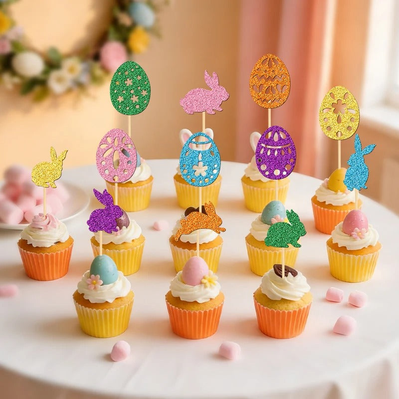 Décoration gâteau pâques | 24 piques bambou lapins œufs