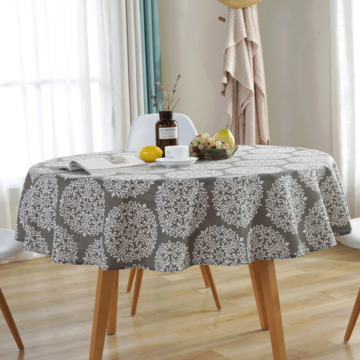 nappe ronde en lin motif gris blanc