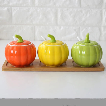 Les 3 citrouilles avec cuillères et présentoir plat