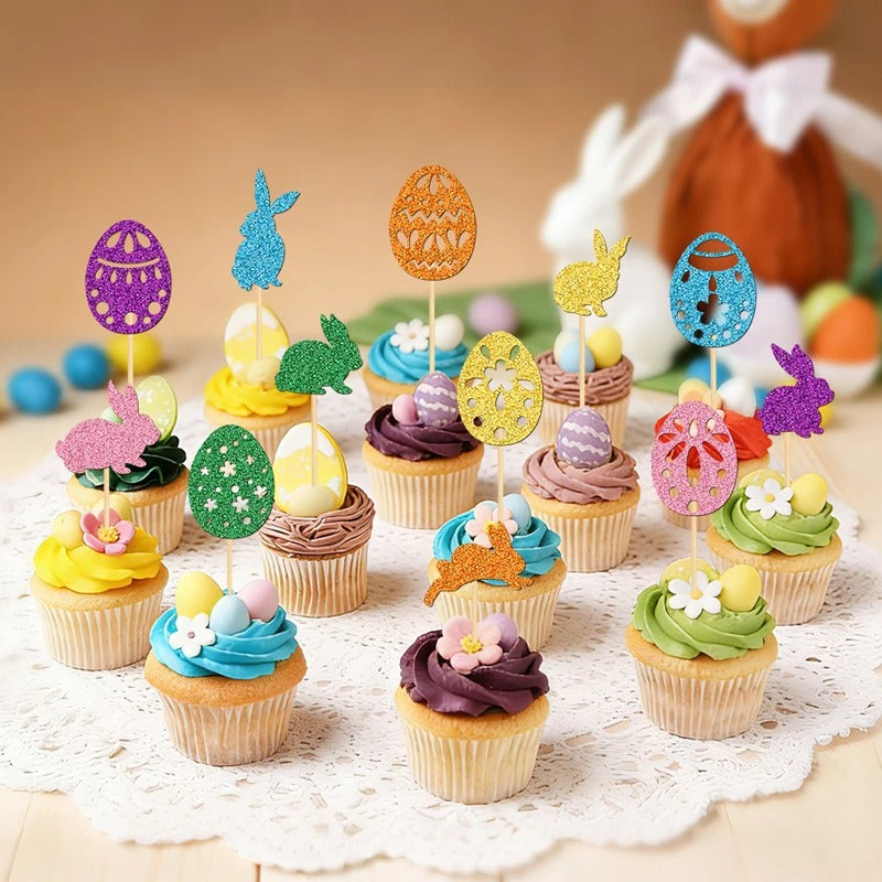 Décoration gâteau pâques | 24 piques bambou lapins œufs