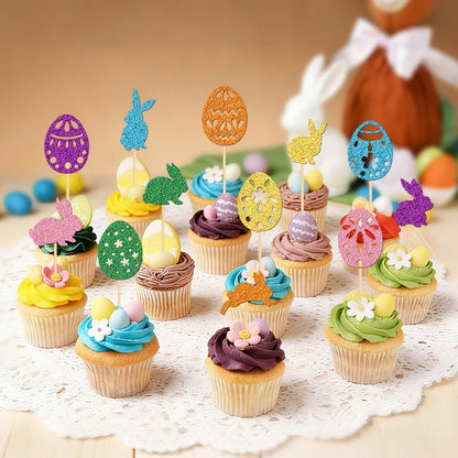 Décoration gâteau pâques | 24 piques bambou lapins œufs