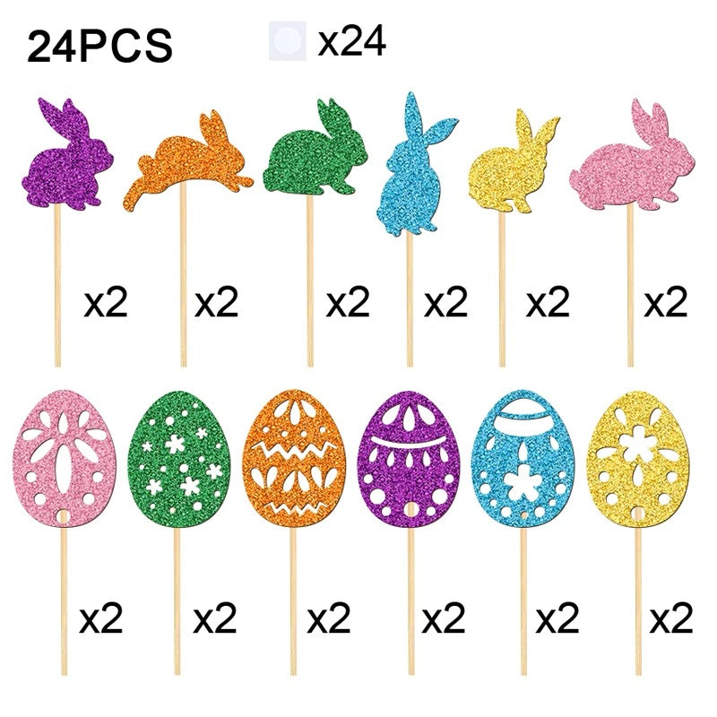 Décoration gâteau pâques | 24 piques bambou lapins œufs